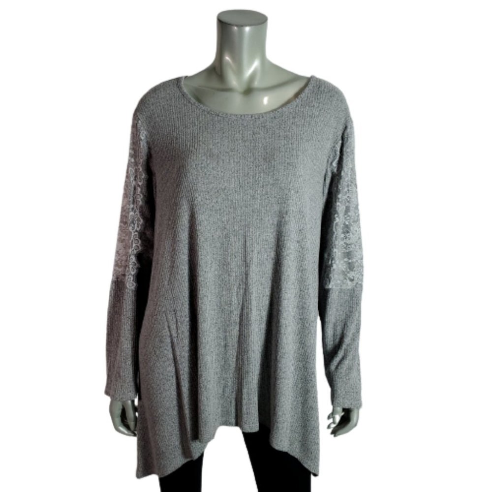 Premise Womens Top Plus Sz XXL Tunic Shark Bite Ribbed Lace Sleeve Stretch‎ Gray